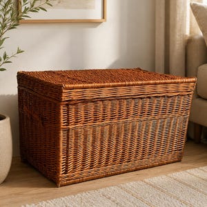 May include: A rectangular storage chest crafted from woven brown wicker. The chest features a flat, hinged lid that covers the entire top, a sturdy woven base, and integrated side handles. The exterior displays a consistent, tight weave pattern.