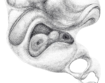 Könnte beinhalten: Eine abstrakte Schwarzweißillustration einer wirbelnden, rauchigen Form. Die Form besteht aus winzigen Punkten und ähnelt einem Geist oder einer Wolke.