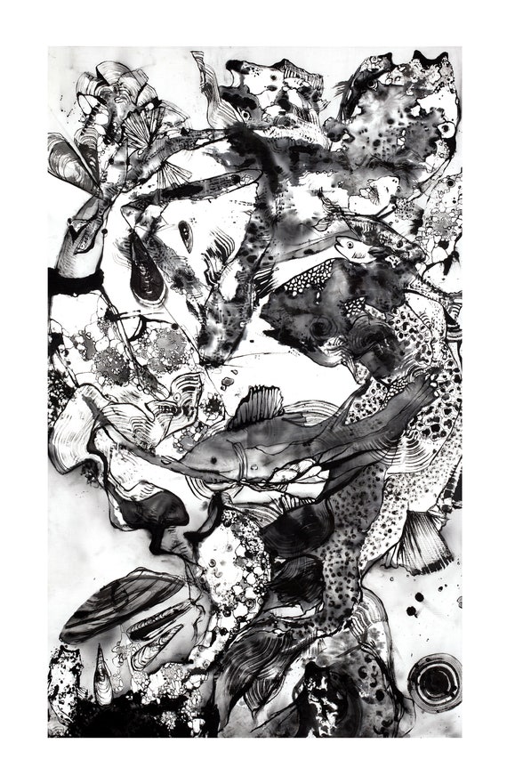 Expressionist Painting, Fine Art, Black and White, Sumi Ink, Tapestry,  Abstract, Drawing, Underwater, Fish, Ocean, Nature, Koi, Sea 