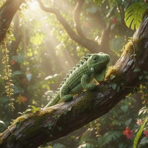May include: A crocheted green iguana rests on a tree branch in a lush, sunlit forest. The handmade reptile features detailed scales and a friendly expression. The background includes vibrant green foliage and dappled sunlight, creating a natural, whimsical scene.