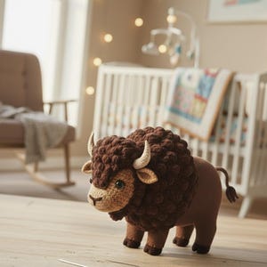 May include: A handcrafted, brown crochet bison toy with cream-colored horns and a small tail. The bison has a textured, fluffy mane and is standing on a wooden floor. The toy is designed for children and is a soft, cuddly animal.