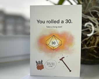 D&D Birthday Card – “You Rolled a 30” – Tabletop RPG Card – Blank Inside
