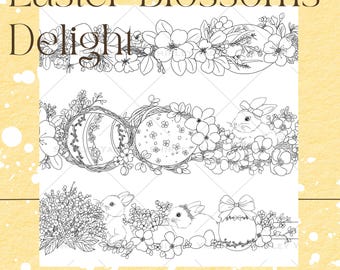 Blühende Freude Ostern Malseite | Handgezeichnetes Häschenei-Design von Shirley Yao (Digital PDF Download)