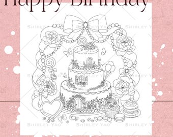 Alles Gute zum Geburtstag Malseite | Pfingstrose, Kuchen, Schleife (Digital PDF Download)