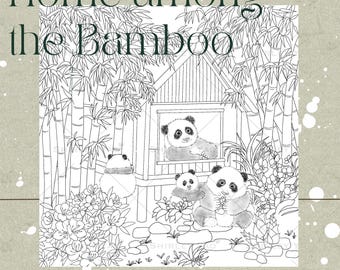 Zuhause unter den Bambussen Malseite | Handgezeichnete Panda Familie Design von Shirley Yao (Digital PDF Download)