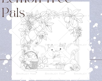 Lemon Tree Pals Malseite | Hand gezeichnetes Zitronen Eichhörnchen Korb Design von Shirley Yao (Digitaler PDF Download)