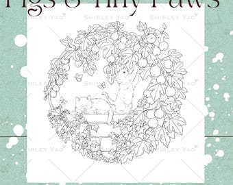 Feigen und Mieze Ausmalbilder | Handgezeichnete Katzen Ivy Summer Design by Shirley Yao (Digital PDF Download)