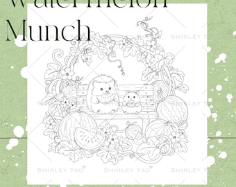 Wassermelone Munch Malvorlage | Handgezeichneter Igel Hamster Wassermelonen Sommer Design von Shirley Yao (Digitaler PDF Download)