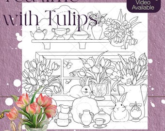 Tea Time Tulpen Malvorlagen | Handgezeichnetes Blumenmuster von Shirley Yao (Digitaler PDF Download)