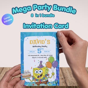 8x Yellow cartoon Sponge Party Favors Canva Editable template,Bob Birthday Bundle Digital Party Kit,Sponge invite Chip Bag Caprisun Soda can image 6