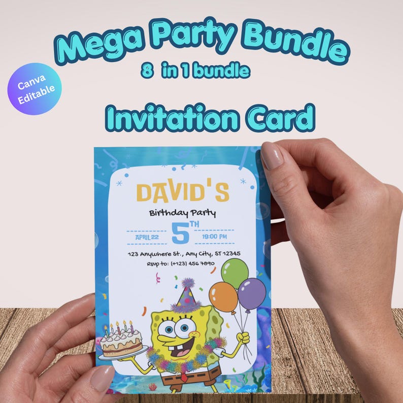 8x Yellow cartoon Sponge Party Favors Canva Editable template,Bob Birthday Bundle Digital Party Kit,Sponge invite Chip Bag Caprisun Soda can image 6