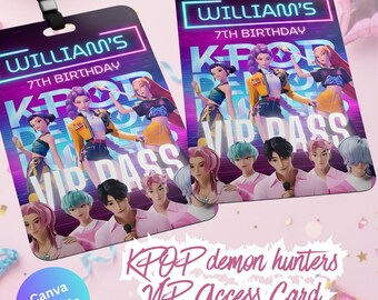 Mall för VIP-pass för K-födelsedag, redigerbar ID-bricka i Canva, utskrivbar VIP-kortdesign, digital nedladdning av poppartypass