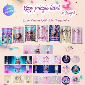Puede incluir: Una colección de etiquetas Pringle con temática Kpop con varios diseños. Las etiquetas presentan imágenes de grupos de Kpop, mensajes de cumpleaños y el texto "Kpop pringle label" y "Easy Canva Editable Template". Las etiquetas son para un 5º y 4º cumpleaños.