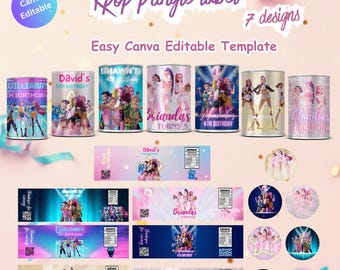7 Editable K pringle labels pack,Pop Party Printables topper cover,Anime Style Party Bundle pringle tin template