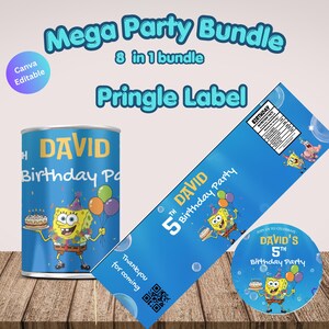 8x Yellow cartoon Sponge Party Favors Canva Editable template,Bob Birthday Bundle Digital Party Kit,Sponge invite Chip Bag Caprisun Soda can image 7