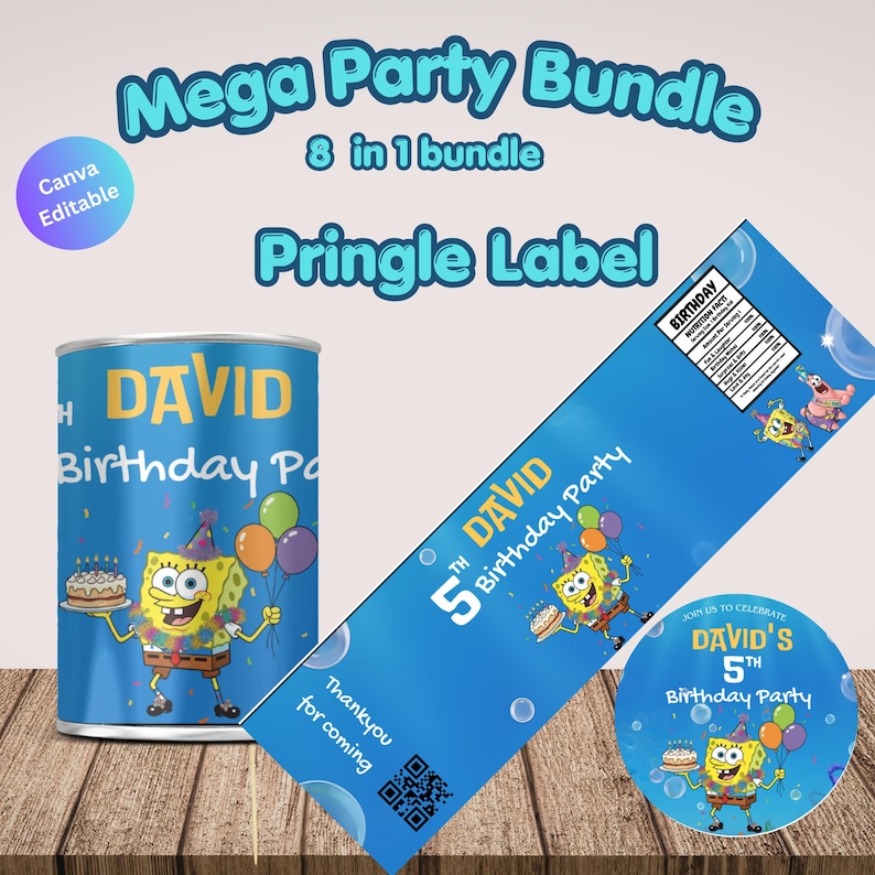 8x Yellow cartoon Sponge Party Favors Canva Editable template,Bob Birthday Bundle Digital Party Kit,Sponge invite Chip Bag Caprisun Soda can image 7
