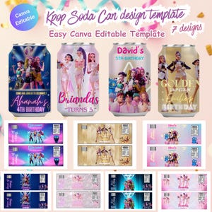 Pode incluir: Um modelo de design de lata de refrigerante com tema Kpop com sete designs. As latas apresentam gráficos coloridos e texto, incluindo nomes e mensagens de aniversário. O modelo é fácil de editar com Canva.