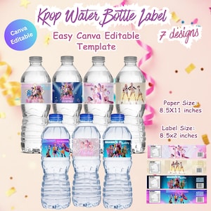 以下が含まれることがあります： Kpopをテーマにしたラベルが付いた透明なプラスチック製のウォーターボトル。ラベルには、「Kpop Water Bottle Label」と「Easy Canva Editable Template」というテキストがカラフルにデザインされています。画像には、「7 designs」、「用紙サイズ：21.6x27.9 cm」、および「ラベルサイズ：21.6x5.1 cm」というテキストも含まれています。