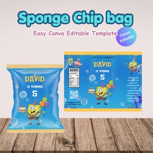 Yellow cartoon Sponge Party Chip bag template,Bob celebrate birthday item printable design,Canva Editable Bob Chip Bag Party Favor download