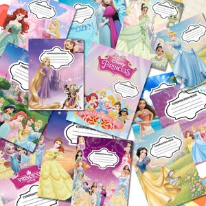 May include: A collection of Disney Princess composition books featuring various characters including Ariel, Rapunzel, Belle, Cinderella, and Snow White. Each notebook has a white label with the text Composition Book printed on the front cover.