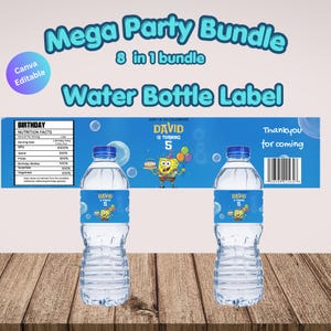 May include: Two water bottles with blue labels featuring a cartoon character and the text "DAVID IS TURNING 5". The bottles are part of a "Mega Party Bundle" and include a "Water Bottle Label". The background is blue with bubbles.