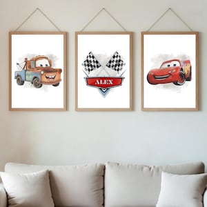 Personalized Cars Nursery Art Decor,Set of 15 Cars Race Prints,Lightning Mc Queen Mater Wall Art 3 Sets,Custom Name Printable Canva Editable