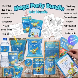 May include: A blue and yellow birthday party bundle featuring SpongeBob SquarePants. The bundle includes a water bottle, chip bags, cups, and various party favors. Text on the items reads "David is turning 5" and "Happy Birthday".