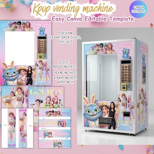 Op de afbeelding: Een Kpop-verkoopautomaatsjabloon met een kleurrijk ontwerp. Het ontwerp bevat afbeeldingen van Kpop-sterren, een cartoonkat met konijnenoren en de tekst "Happy Easter". Maten: 40,6x50,8 cm, 30,5x40,6 cm, 21,6x27,9 cm en 20,3x25,4 cm.