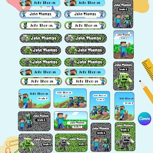 Könnte beinhalten: Eine Sammlung farbenfroher, rechteckiger Etiketten mit dem Namen "John Thomas" und verschiedenen Minecraft-Grafiken. Einige Etiketten enthalten "Klasse"-Bezeichnungen. Die Etiketten sind für den Schul- oder Organisationsgebrauch bestimmt.