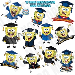 May include: A collection of 11 high-resolution PNG images featuring SpongeBob SquarePants in graduation attire. Each image shows SpongeBob wearing a graduation cap and gown, holding a diploma or a book. Some images include the text "Senior Graduate".
