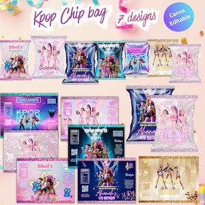 May include: A collection of Kpop-themed chip bag designs. The bags feature colorful graphics of Kpop stars and birthday party details. Text includes "Kpop Chip bag", "7 designs", and names like "David's", "Brianda's", and "Ahanah's".