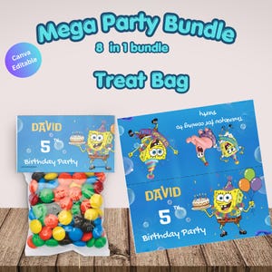 May include: A party bundle with a blue and yellow SpongeBob SquarePants theme. The bundle includes treat bags and a bag of colorful candies. The text on the treat bag says "DAVID 5th Birthday Party".