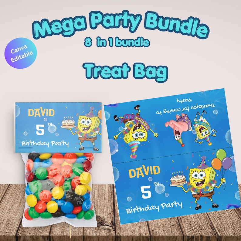 May include: A party bundle with a blue and yellow SpongeBob SquarePants theme. The bundle includes treat bags and a bag of colorful candies. The text on the treat bag says "DAVID 5th Birthday Party".
