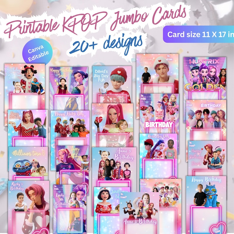 K Jumbo-kort redigerbar Canva-mall, pop-födelsedagsfestkort bunt K-presentkort, alla hjärtans dag-kort för flicka pojke barn bild 1