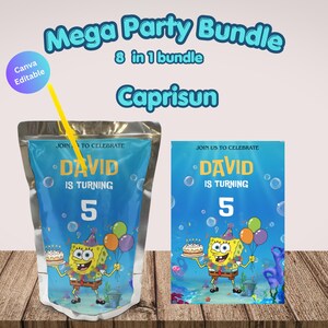 May include: A party bundle featuring a Capri Sun pouch and a matching invitation. The design includes the text "Mega Party Bundle" and "David is turning 5". The design features a cartoon character holding balloons and a cake, with an underwater theme.