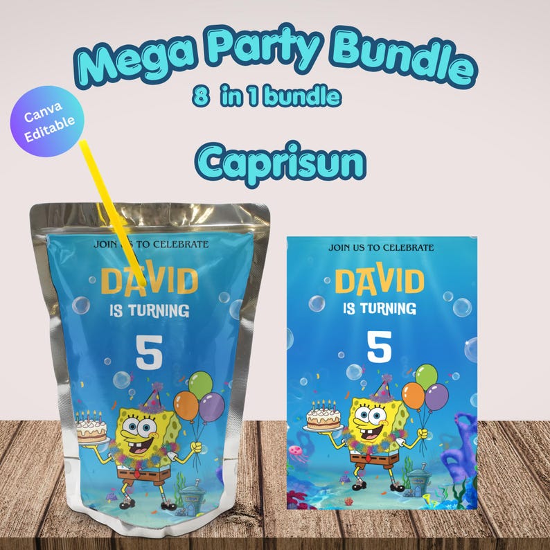 May include: A party bundle featuring a Capri Sun pouch and a matching invitation. The design includes the text "Mega Party Bundle" and "David is turning 5". The design features a cartoon character holding balloons and a cake, with an underwater theme.