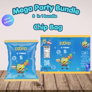 May include: A blue chip bag and a matching party banner featuring a cartoon character, balloons, and the text "DAVID IS TURNING 5". The banner reads "Mega Party Bundle" and "Chip Bag".
