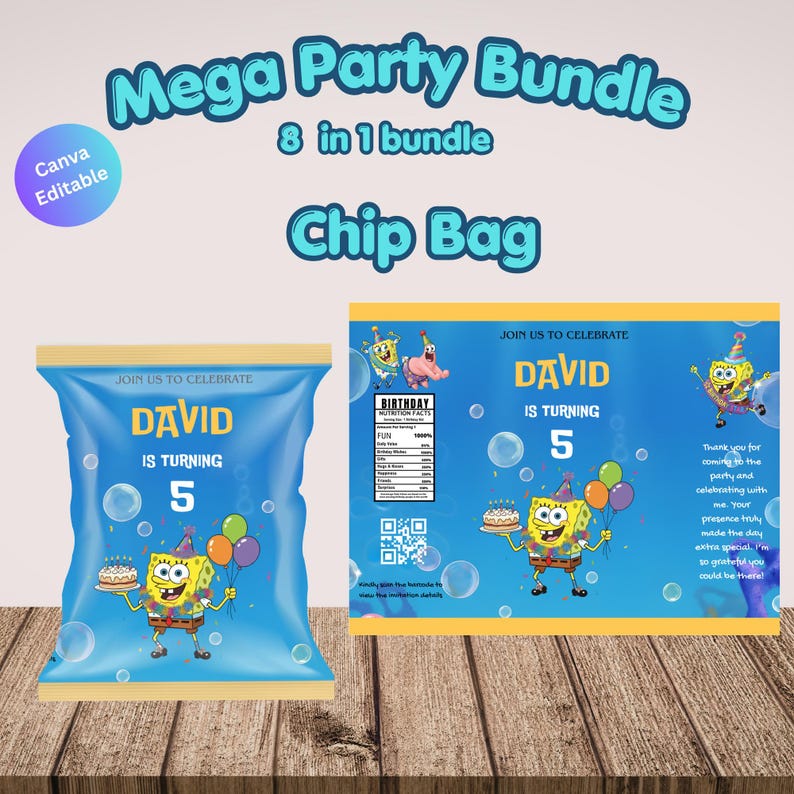 May include: A blue chip bag and a matching party banner featuring a cartoon character, balloons, and the text "DAVID IS TURNING 5". The banner reads "Mega Party Bundle" and "Chip Bag".