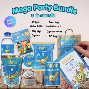 May include: A 'Mega Party Bundle' featuring SpongeBob SquarePants-themed party supplies. Includes water bottles, chip bags, a cupcake, and an invitation card. The text reads "DAVID is turning 5". The bundle is Canva editable.