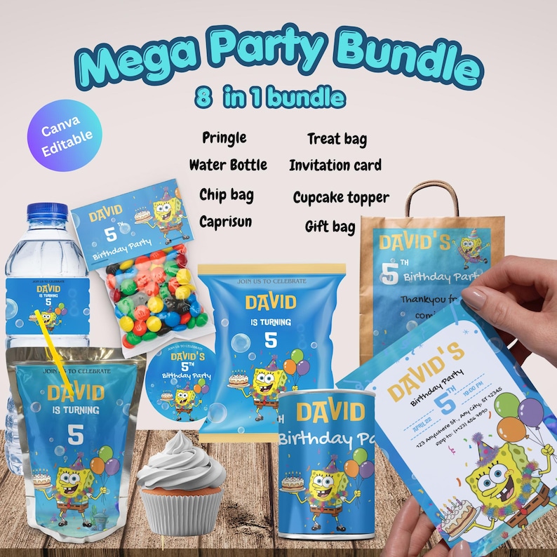May include: A 'Mega Party Bundle' featuring SpongeBob SquarePants-themed party supplies. Includes water bottles, chip bags, a cupcake, and an invitation card. The text reads "DAVID is turning 5". The bundle is Canva editable.