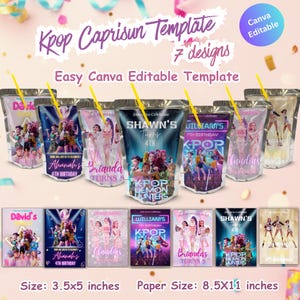 May include: A collection of Kpop Capri Sun templates with seven designs, featuring images of K-pop stars. The templates are Canva editable and include text such as "Kpop Caprisun Template" and "Easy Canva Editable Template". The size is 3.5x5 inches.