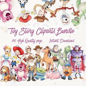 May include: A digital bundle of Toy Story clip art featuring various characters from the animated film. The image includes characters such as Woody, Buzz Lightyear, Jessie, and others, with the text "Toy Story Cliparts Bundle".