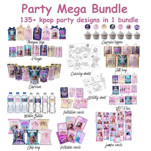 Könnte beinhalten: Ein Party-Bundle mit über 135 K-Pop-Party-Designs. Das Bild zeigt verschiedene Partyartikel, darunter Dankeschön-Etiketten, Cupcake-Topper, Pringle-Dosen, Caprisun-Getränke, Malvorlagen, Geschenktüten, Wasserflaschen, Chipstüten, Einladungskarten und Jumbo-Karten.