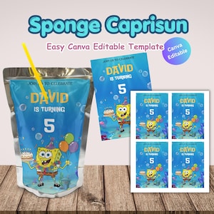 May include: A blue Capri Sun pouch and labels with a SpongeBob SquarePants theme. The text reads "Sponge Caprisun" and "David is turning 5." The pouch has a yellow straw and SpongeBob graphics.