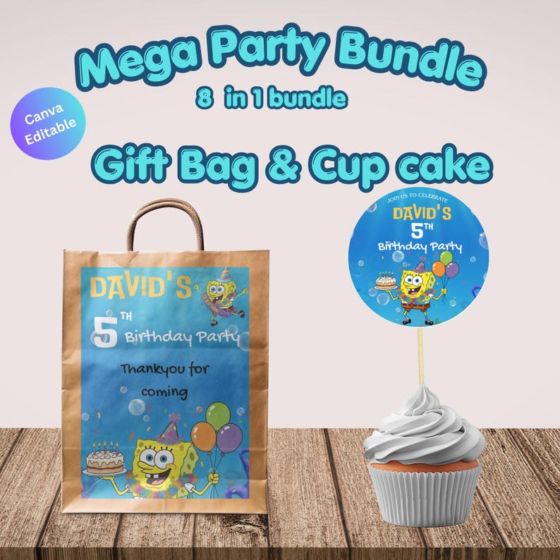 May include: A party bundle featuring a gift bag and cupcake. The gift bag is brown with a blue label that reads "David's 5th Birthday Party" with a cartoon character. The cupcake has a blue topper with the same theme. The text "Mega Party Bundle" is at the top.