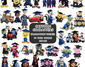70 Graduate Cartoon Characters PNG-bundel, sublimatieontwerp cartoon Graduate-thema, Class of 2026 Grad Anime & Toddler Graduation Cliparts