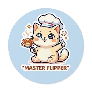 Pegatina redonda de gato chef Master Flipper / Panqueques, Repostería, Vinilo decorativo original