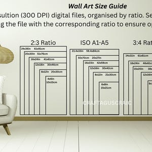 May include: A wall art size guide with dimensions in inches, including 2:3, ISO A1-A5, 3:4, and 4:5 ratios. The guide is displayed on a wall with a chair, plants, and a hanging light fixture. Text on the guide provides instructions.