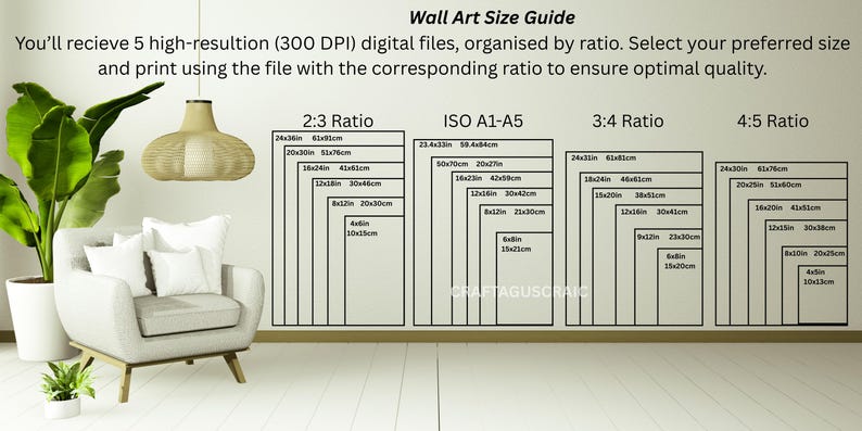 May include: A wall art size guide with dimensions in inches, including 2:3, ISO A1-A5, 3:4, and 4:5 ratios. The guide is displayed on a wall with a chair, plants, and a hanging light fixture. Text on the guide provides instructions.