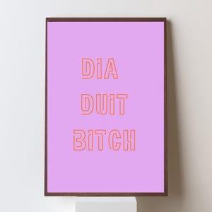 May include: A framed art print with a lilac background and orange text. The text reads "DIA DUIT BITCH" in a bold, outlined font. The frame is a dark brown colour, and the print is displayed on a white plinth.